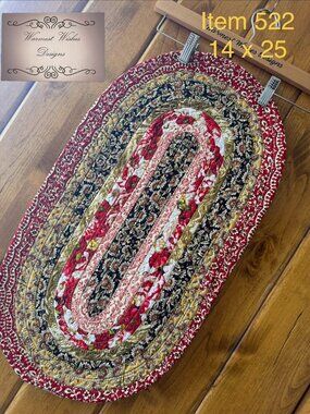 Handmade Jelly Roll Table Runner, Red Black Gold Floral Oval   14" x 25"